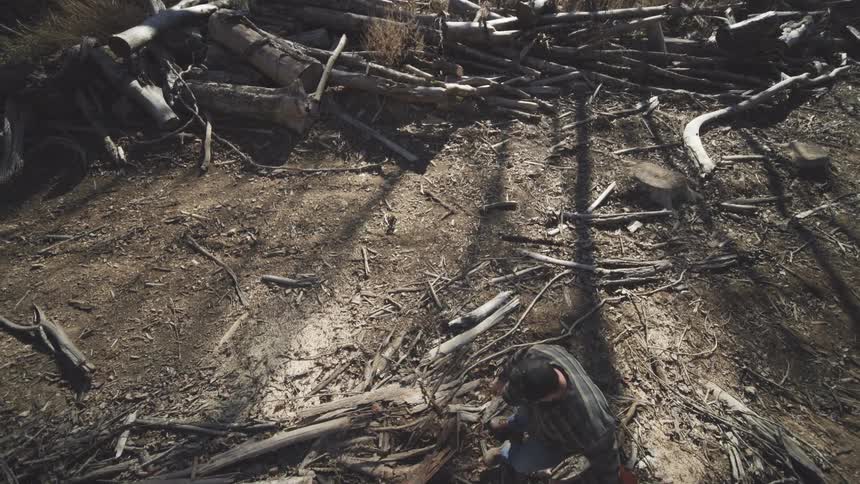 Person seen from above using a chainsaw in an area covered with branches and cut logs