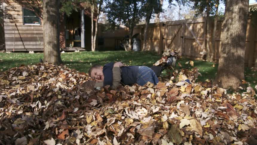 Mother and teenage son fall together playfully on a leaf pile outdoors during daytime