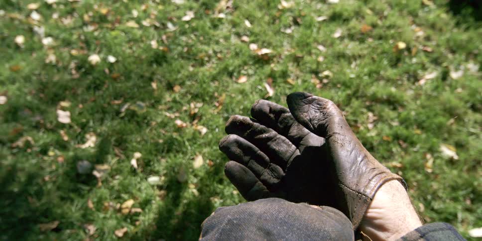 Man outdoors putting on heavy duty gloves and walking towards a leaf blower on the floor during day time