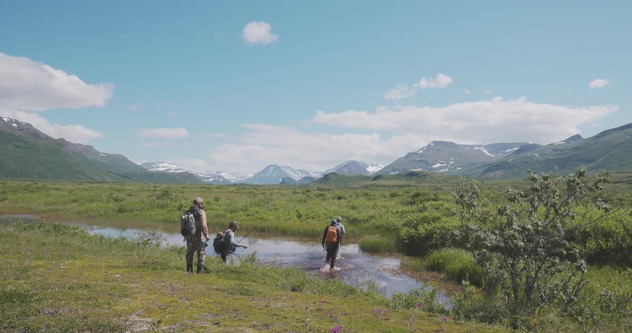 The video shows four people with backpacks and fishing gear walking away from the camera through a grassy meadow towards a shallow stream or marshy areathe scene is set in a vast mountainous landscape under a bright sunny sky with distant peaks capp
