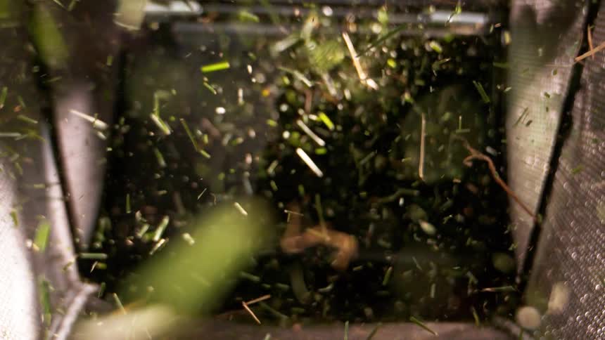 Grass fragments being thrown inside a mowers collection compartment