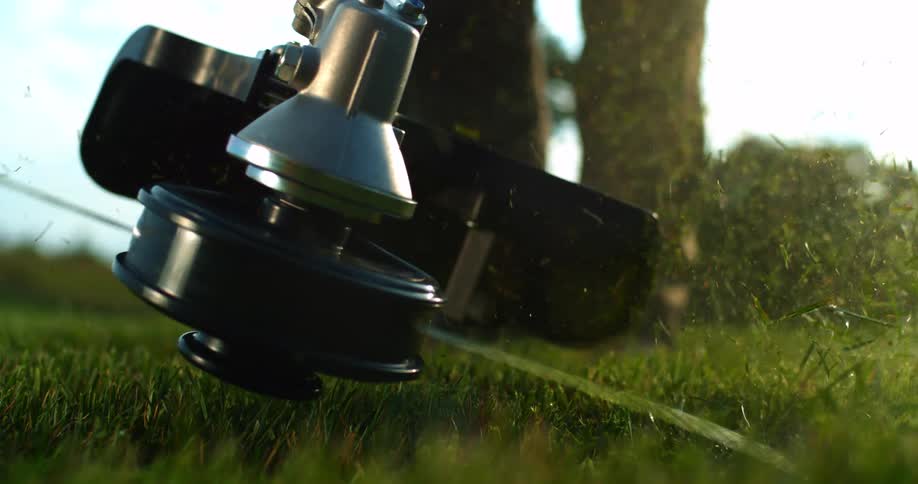 Grass trimmer in action scattering grass particles into the air while cutting the lawn