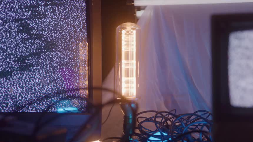 Lit bulb beside a staticfilled screen surrounded by tangled cables