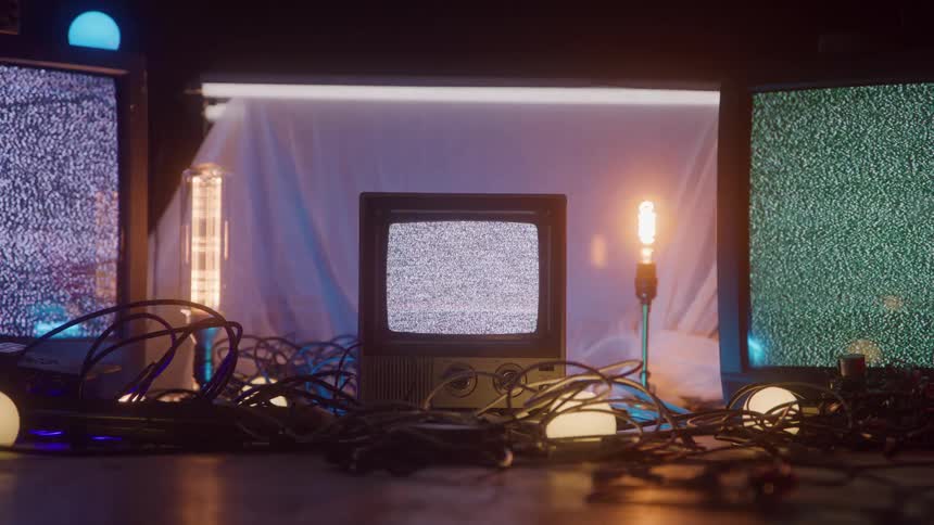 Televisions displaying static surrounded by cables and lights in a dark setting