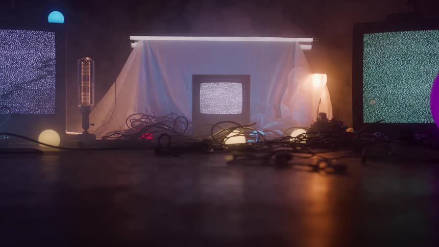 Televisions displaying static surrounded by cables and lights in a dark setting