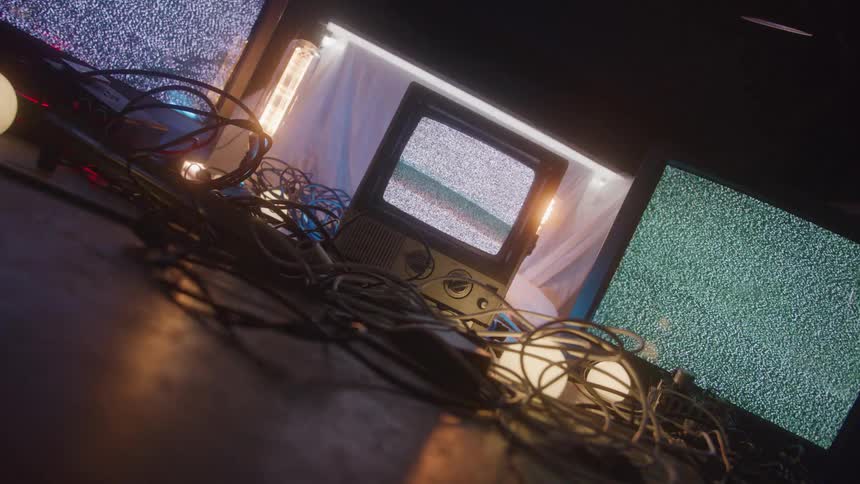 Televisions with static surrounded by tangled cables and lights in a dark setting