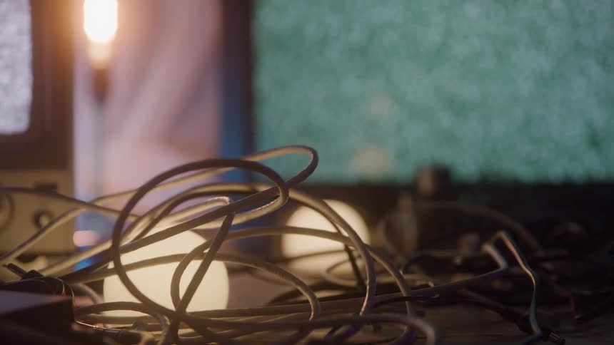 The scene is a closeup of a tangled mess of white electrical cables and devices resting on a surface a soft circular white light appears to be glowing from beneath the coiled wires while a warm orange light source is visible on the far left