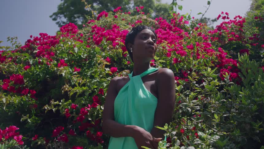 A young black woman stands and poses in a garden blooming with pink flowers at midday wearing a cyan gown