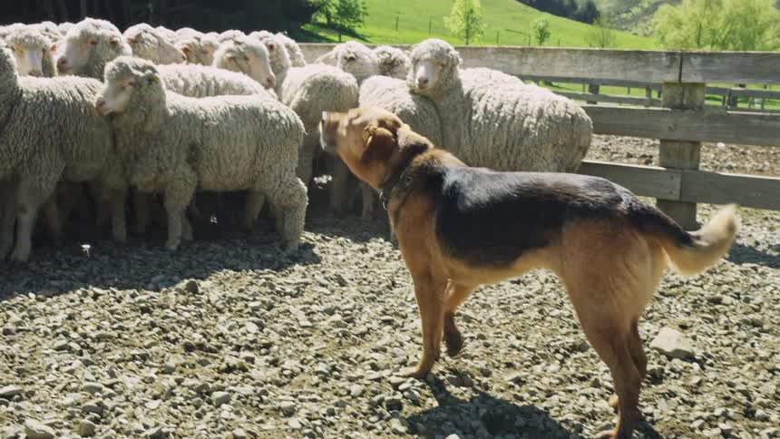 Dog herds sheep in fenced area with grassy hill and trees in the background
