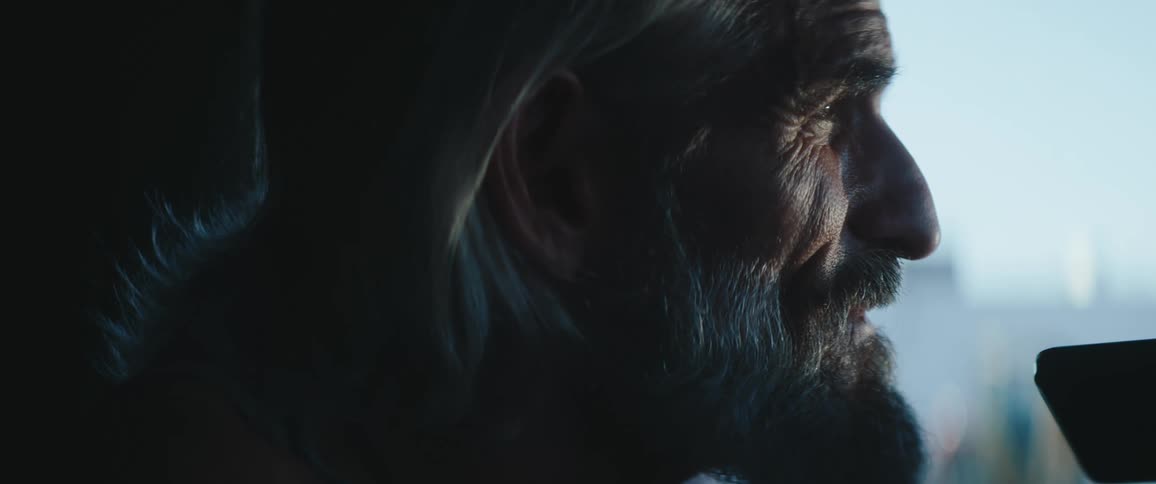 Graybearded man looking outside with a calm expression under natural light