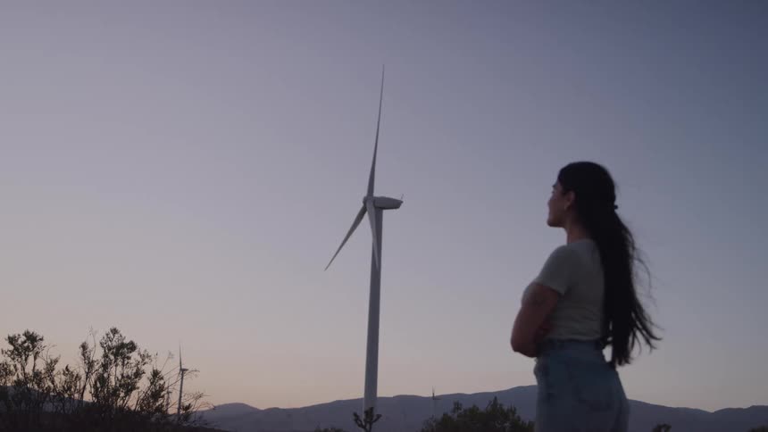 At dusk a woman with long dark hair stands arms crossed gazing thoughtfully at a towering wind turbine against a pale sky