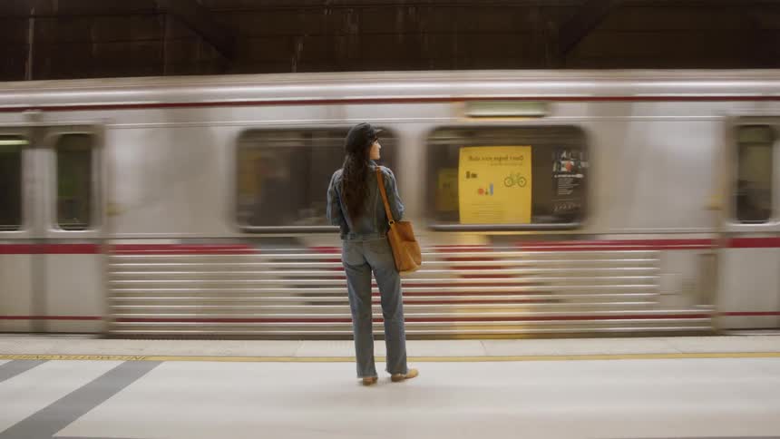The train passes the woman standing on the platform