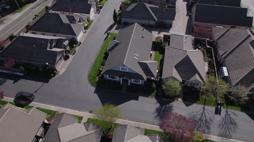 A suburban residential neighborhood with a series of houses at midday