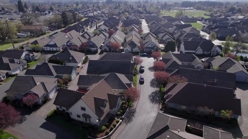 A suburban neighborhood with houses lining curving paved streets with flowering trees expanding to show a wide suburban area that extends toward a distant range of low mountains on the horizon