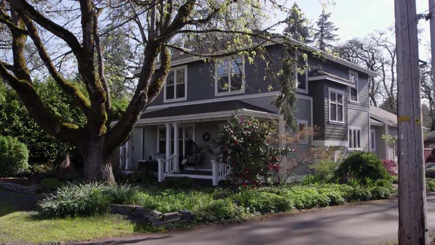 Twostory house with porch surrounded by garden and mosscovered tree