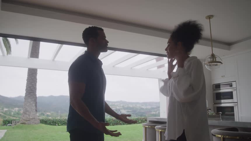 Couple argues in a modern kitchen with large windows