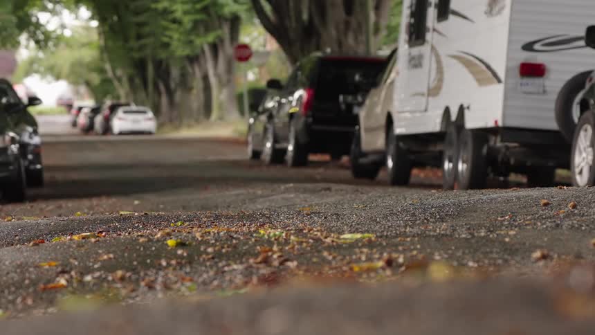 Leaf floats through the air above a residential street on an autumn day