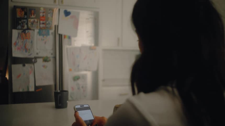 A girl man and boy walk into a cozy kitchenwhile a woman behind them checks her phone the fridge is covered with childrens drawings
