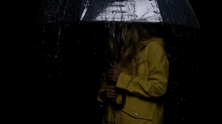 Person in a yellow raincoat holding an umbrella in the rain