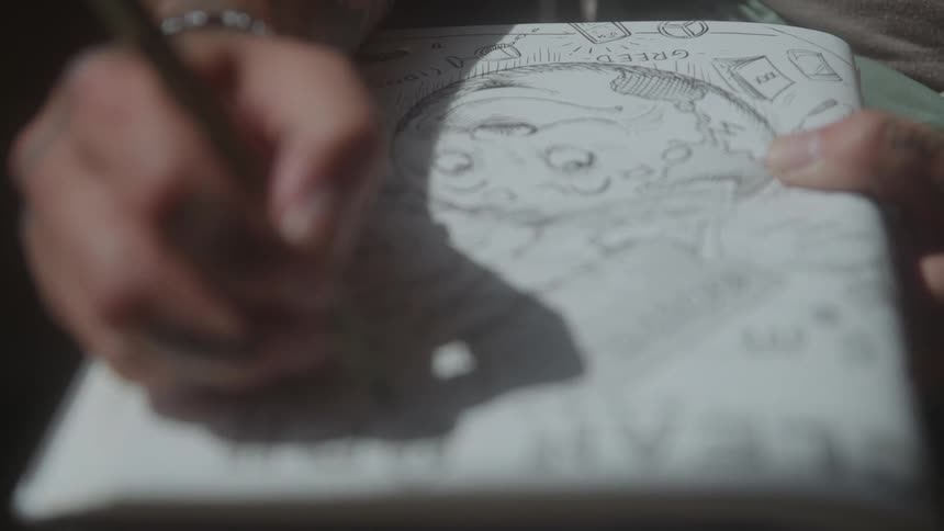 A closeup shot shows a persons hands drawing a cartoonish sketch of a face with a pencil in a notebook which is covered in various doodles and words the artists focus and the texture of the pencil on paper are highlighted in the dimly lit environment