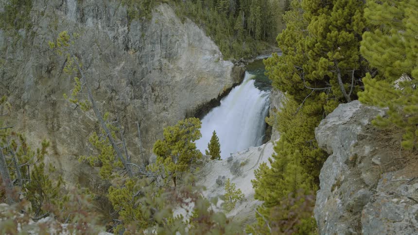 Waterfall plunges from rocky cliff surrounded by dense forest