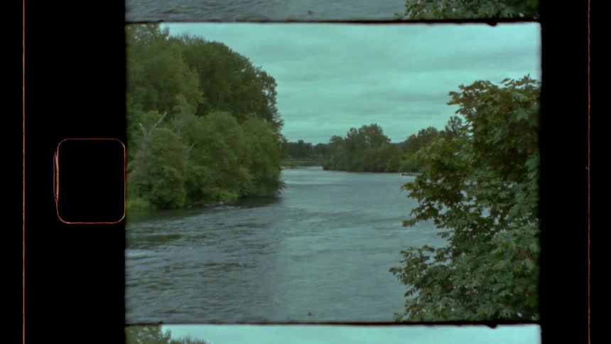 A wide river passes along riverbanks that are lined with trees