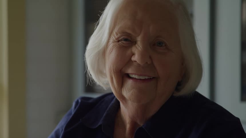Elderly woman sitting indoors turns her head and smiles