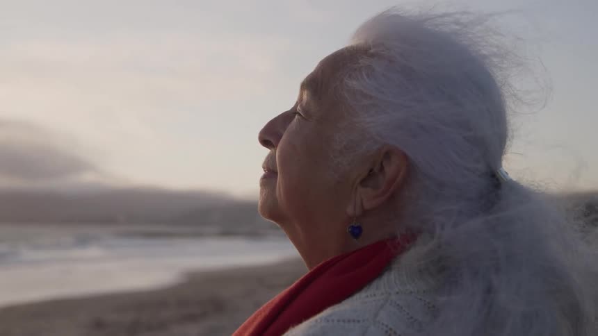 Wind blows the womans hair on the beach