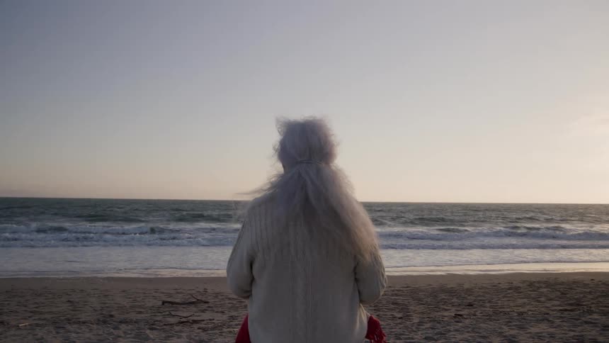 A woman with long light hair sits facing the wide ocean on a sandy beach as water waves move toward the shore under a pale sky near the horizontal line where the sky and water meet
