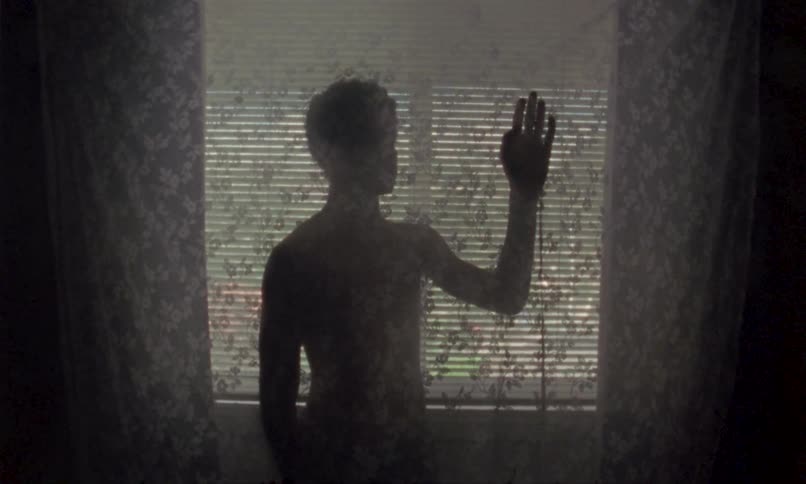 A silhouetted figure poses between blinds and a curtain