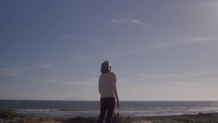 Woman faces the sea surrounded by clear sky and gentle light