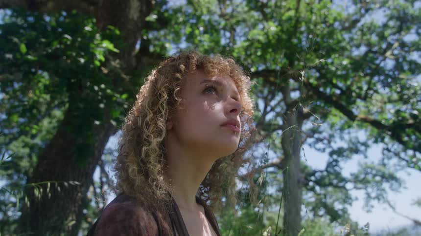 Woman looks upward among green trees bathed in sunlight