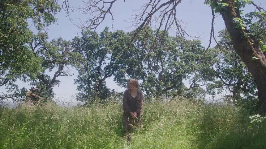 A woman stands alone in tall grass surrounded by trees in a forested area