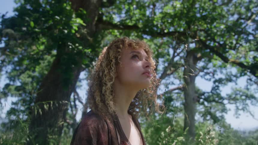 Woman looks upward among trees under gentle daylight