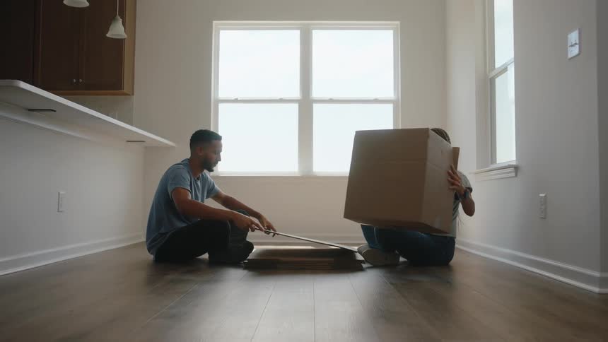 Man and woman sitting on the floor building cardboard boxes