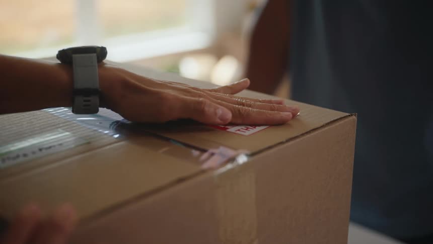 The video is a closeup shot of a persons hands applying a red and white fragile sticker and clear packing tape to a corrugated cardboard box a portion of the sticker reads thank you suggesting the box is ready for shipping or delivery