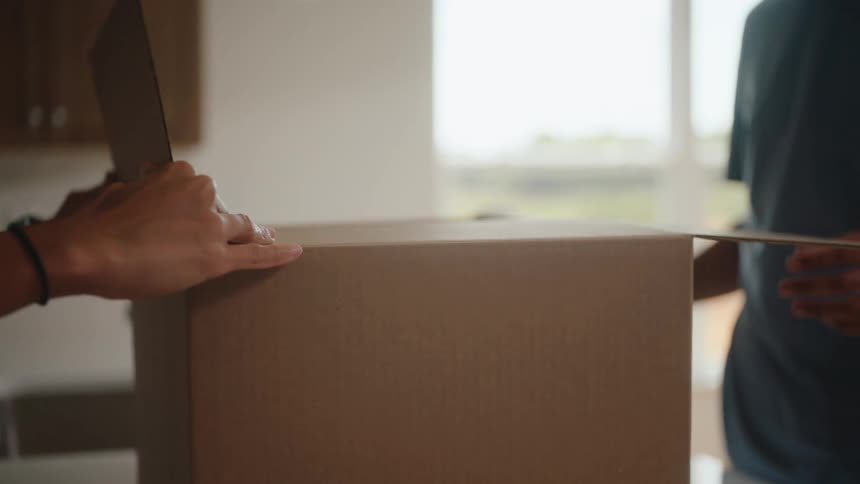 Close hands of a person closing a box as another person from the shoulders down helps close the box in a room