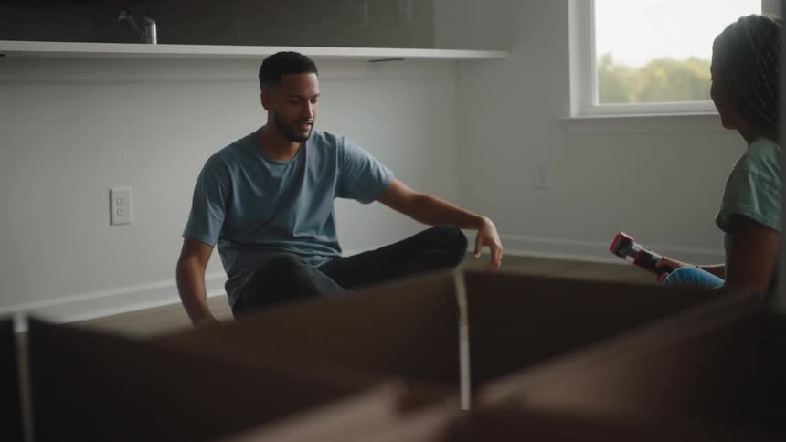 A man and woman assemble cardboard boxes in an empty room