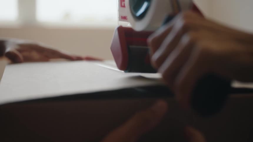 Two people are taping up a cardboard box