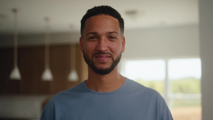 The man turns his head up and smiles