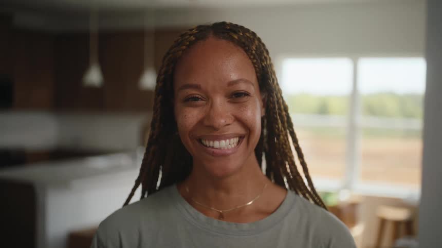 A young woman with long braids and a gray shirt looks down and then raises the head to look directly at the camera with an openmouth smile in a welllit home indoor setting
