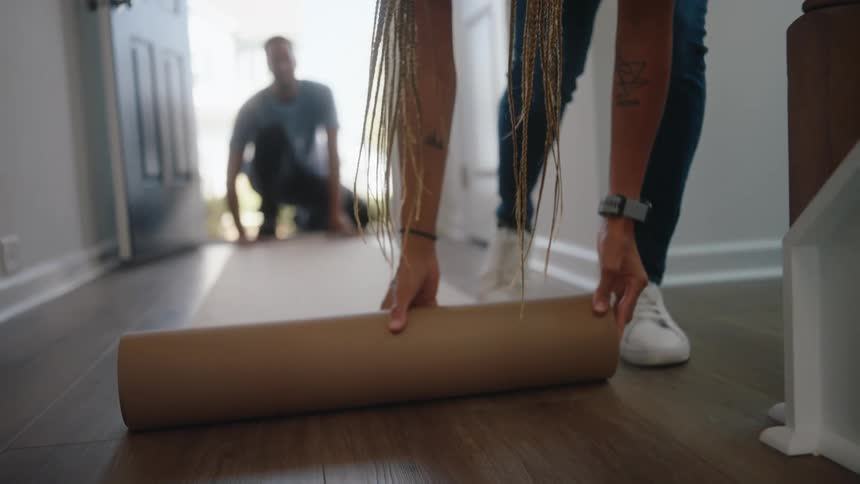 A young woman with long braids and blue jeans leans over and unrolls a long cylindrical piece of brown material across a wooden floor while a man sits out of focus in the background near an open door