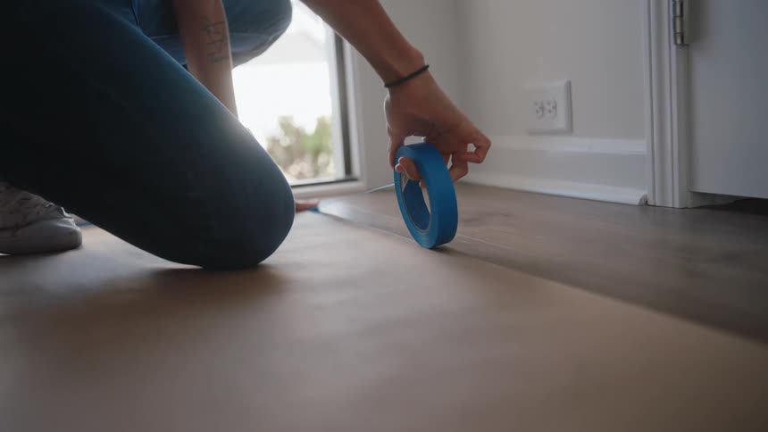 A person wearing a smartwatch and blue jeans kneels on a woodlook floor and uses a roll of blue painters tape to secure brown protective paper near a bright glass door