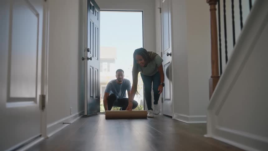 A man and woman unroll a rug down the hallway of a house