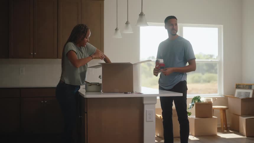 The video shows a young couple in a bright modern kitchen who are busy unpacking moving boxes the woman is placing white bowls into a large cardboard box on the kitchen island while the man stands facing her preparing packing materials