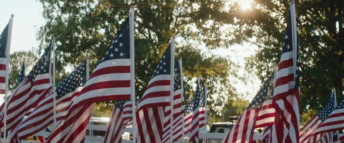 A series of american flags wave proudly from the ground in an open field at midday bordered by a white railing fence and surrounded by trees swaying gently in the breeze