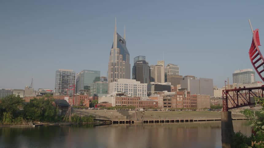 Riverfront skyline reflecting over calm water on a clear day