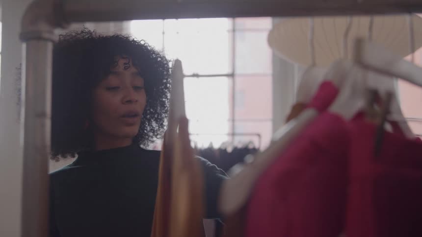 Woman looking at colorful dresses on a clothing rack inside a fashion studio