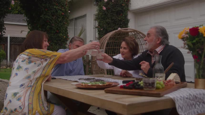 Four older people make a toast while sitting at an outdoor table