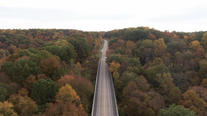 Two cars drive along a long bridge surrounded by a forest in autumn colors